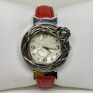 Women quartz analog watch silver tone floral bezel style 36mm red running